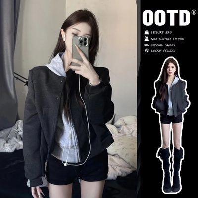 小个子连帽卫衣外套女灰色棒球服