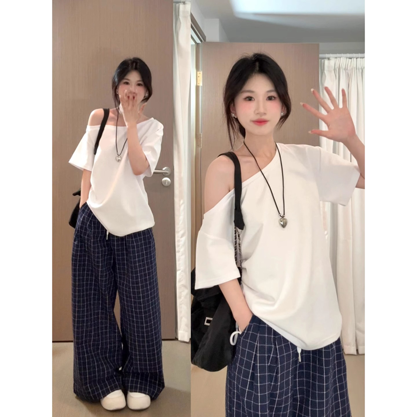 纯白色印花斜肩短袖jennie同款