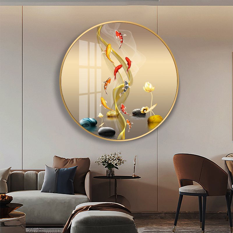 现代聚财九鱼图入l户玄关装饰画轻奢圆形进门餐厅挂画客厅卧室壁图片