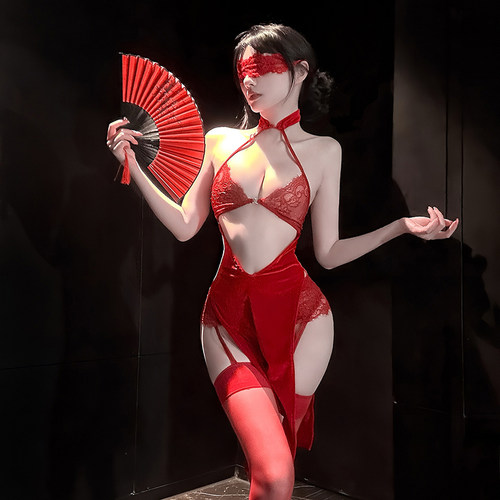 红色蕾丝挂脖镂空开叉旗袍女