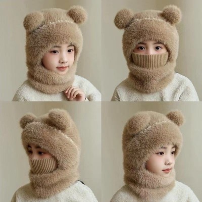 儿童毛线针织帽女童男孩秋冬围脖一体连帽宝宝防风护耳保暖套头帽