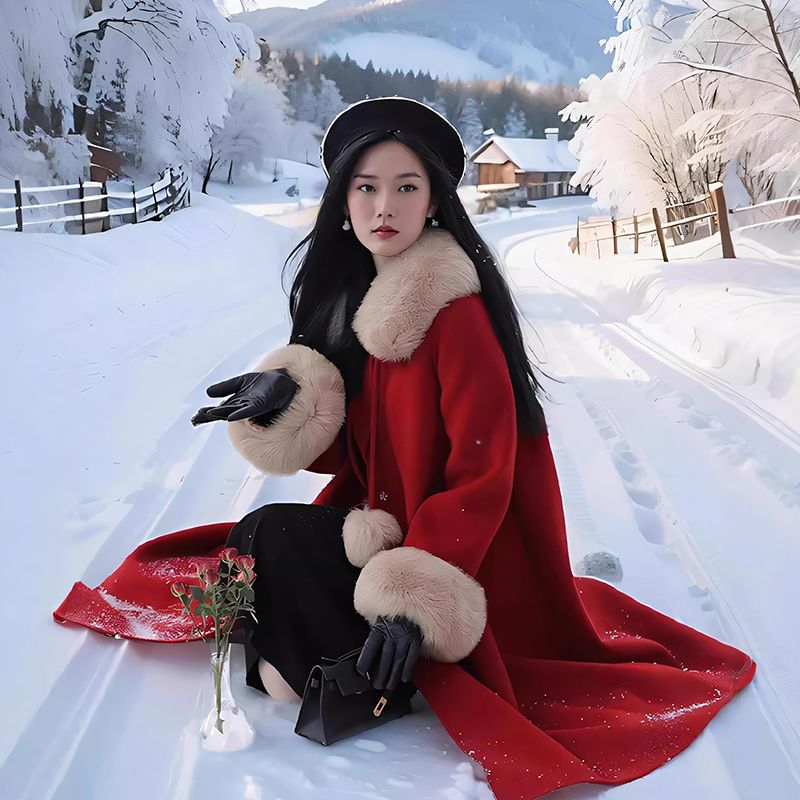 红色大毛领时尚毛毛袖毛呢大衣2025新款反季时尚斗篷型呢子外套女