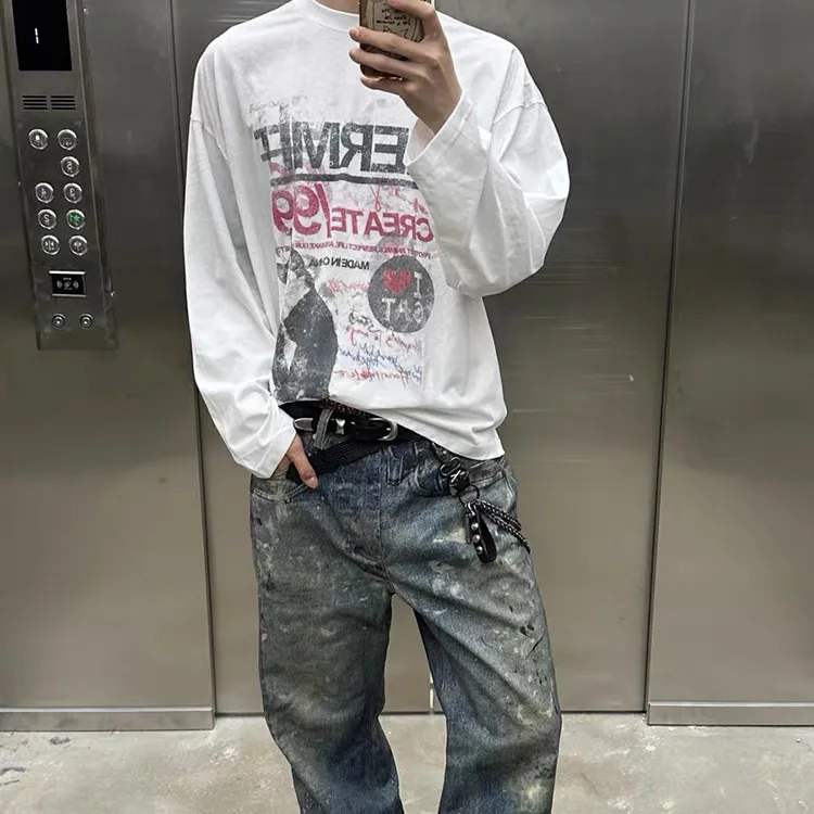 水洗做旧喷脏竹节棉美式长袖t恤