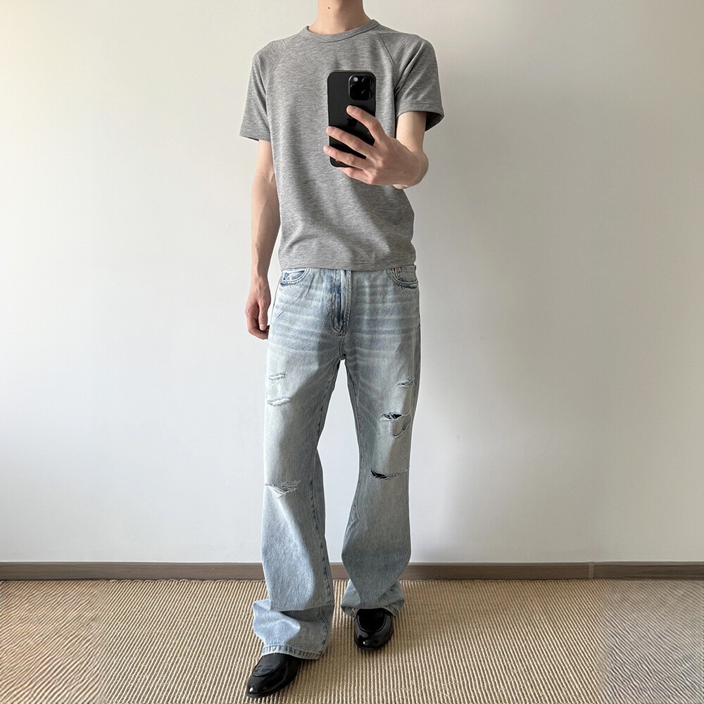 UniForm 手工刷银破洞水洗做旧猫须微喇牛仔裤cleanfit直筒长裤