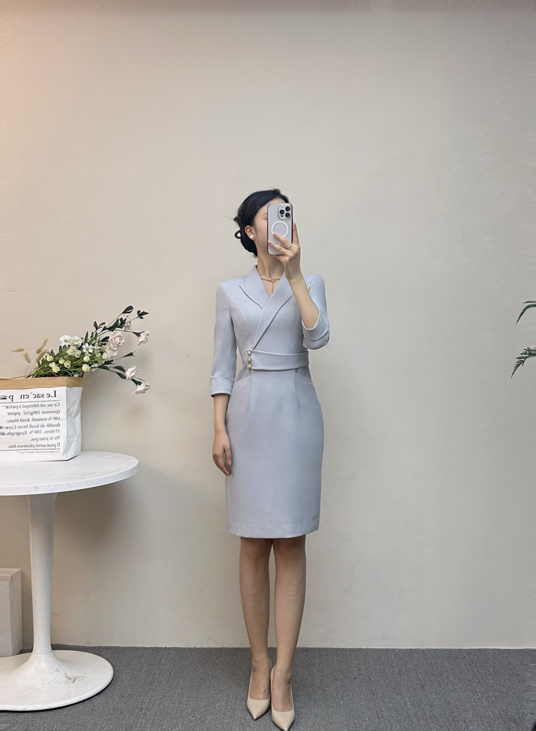 亿诺彩I高端蓝色V领连衣裙l空姐制服职业套装高端 案场客服工作服