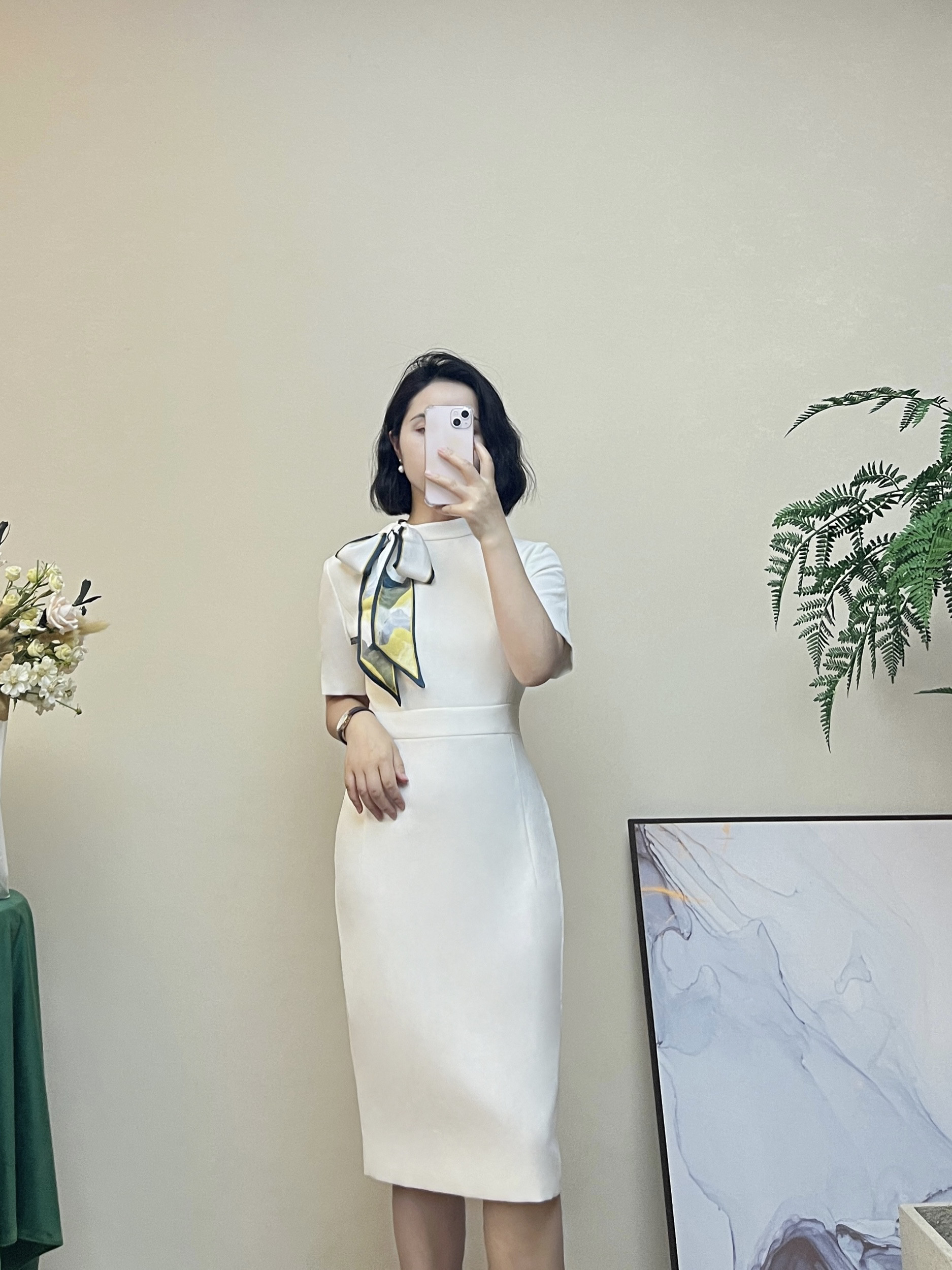 职业连衣裙白色中长短袖女士微弹连衣裙