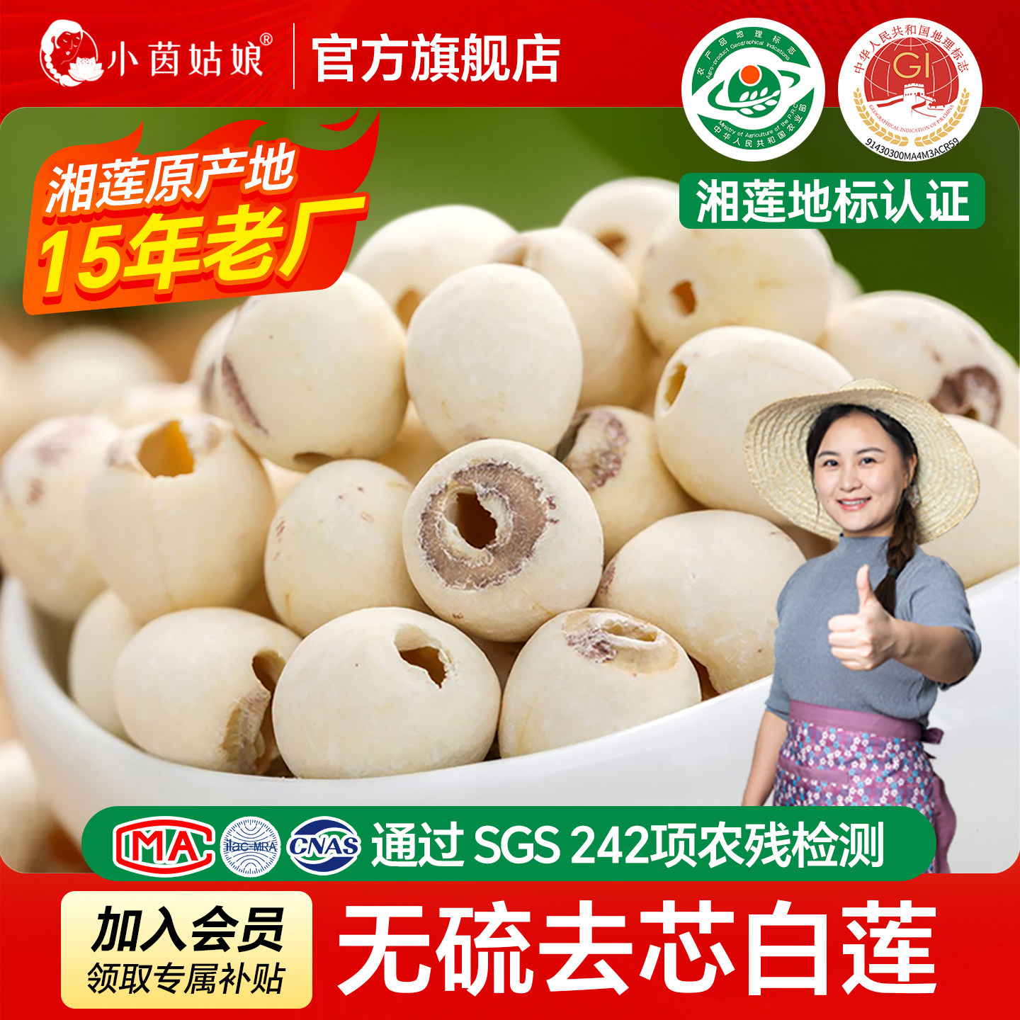 小茵姑娘莲子干货湘潭去芯白莲500g无硫磨皮带芯莲子百合银耳湘莲