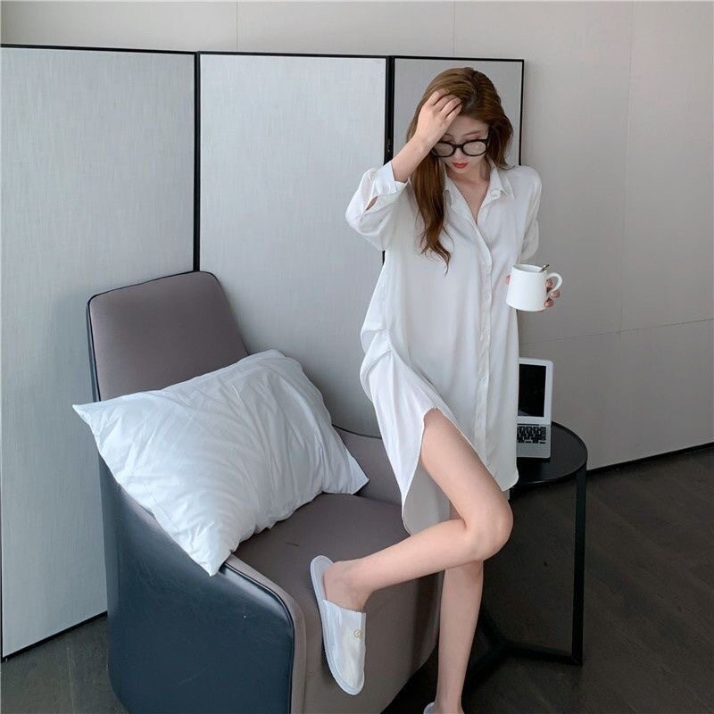 性感冰丝薄款男友风白衬衫睡衣女