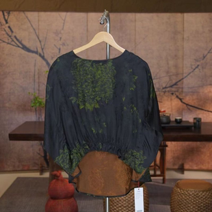 【牡丹韵-绿色】重缎新中式国风香云纱刻花老料圆领不规则小上衣