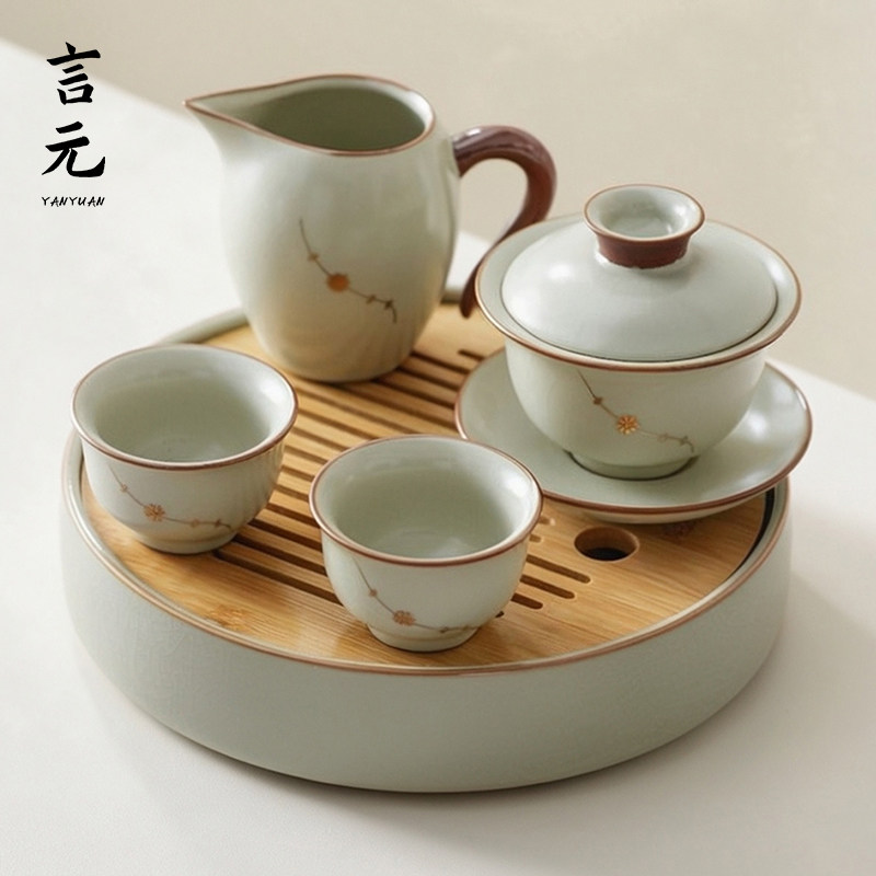 汝窑功夫茶具套装家用个人专用轻奢高级感陶瓷泡盖碗喝茶杯的大全