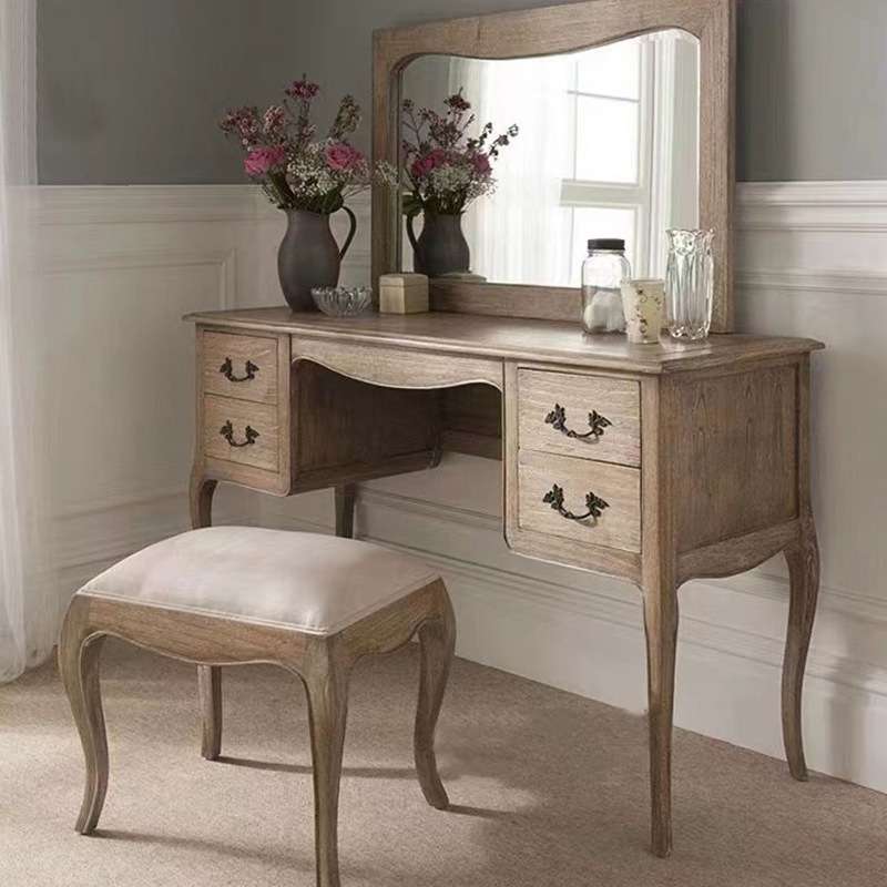 美式乡村实木复古做旧梳妆台镜子组合小型复古实木化妆桌家具凳子