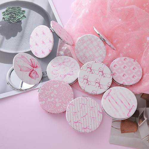 跨境蝴蝶结双面镜迷你卡通带灯随身便携收纳双面镜子折叠化妆简约