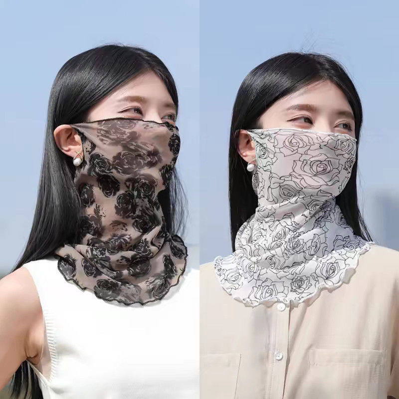 围脖丝巾女网眼网纱夏季遮阳护脸纱巾套头护颈百搭时尚脖套薄面纱