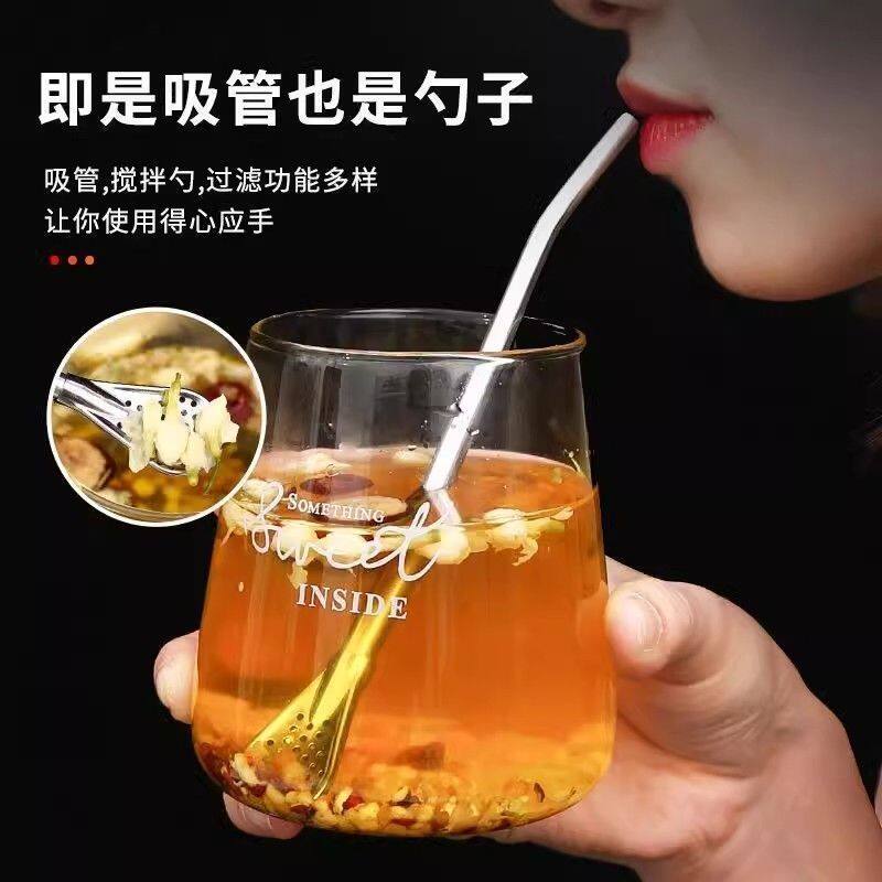 不锈钢可拆卸长柄吸管勺子一体两用金属饮管奶茶过滤吸管漏勺
