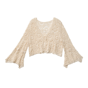 不等式镂空系带针织开衫女夏季新款波西米亚度假风长袖短款小开衫