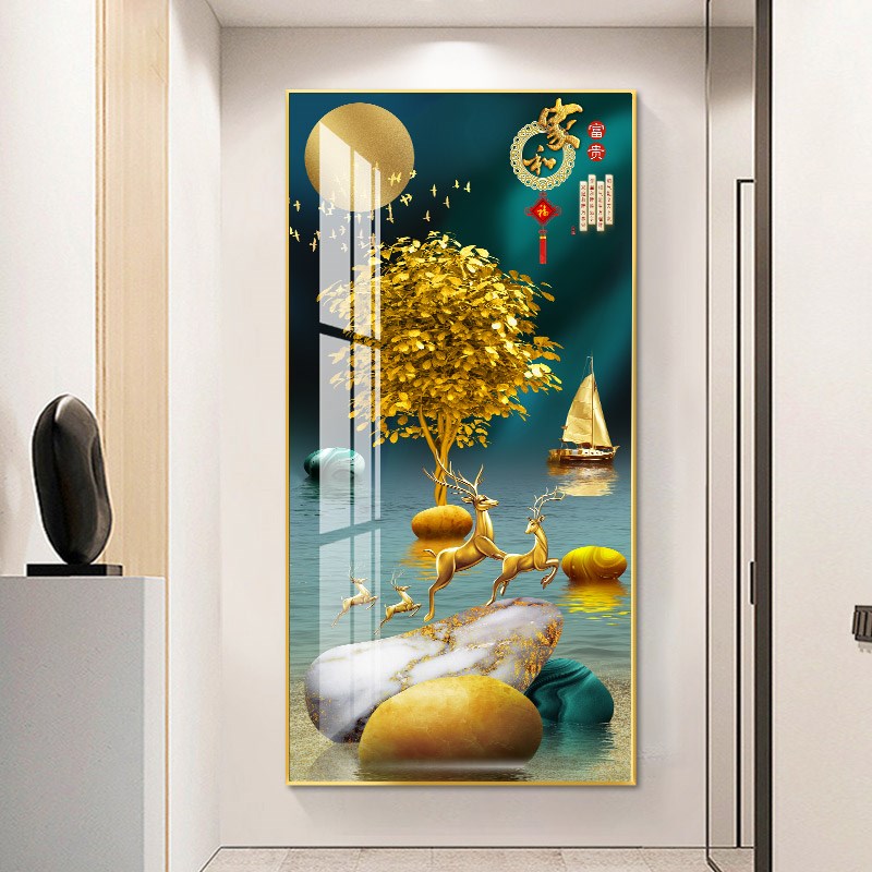 福鹿招财玄关f装饰画现代简约进门走廊过道壁画轻奢入户玄幻晶瓷图片