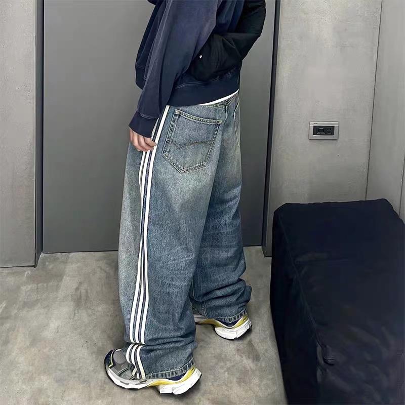 dx自主 23SS联名 水洗条纹阔腿牛仔裤三条杠高街宽松直筒阔腿裤