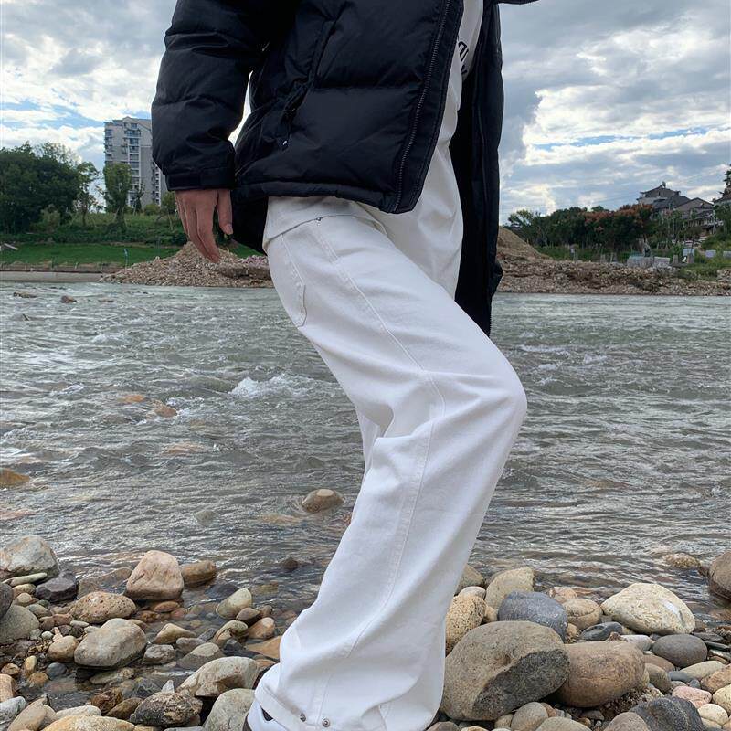 07QWER 四季通勤白色简约男春秋牛仔裤韩版情侣直筒休闲阔腿裤