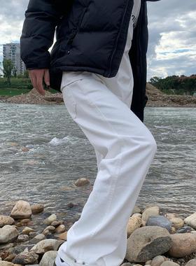 07QWER 四季通勤白色简约男春秋牛仔裤韩版情侣直筒休闲阔腿裤