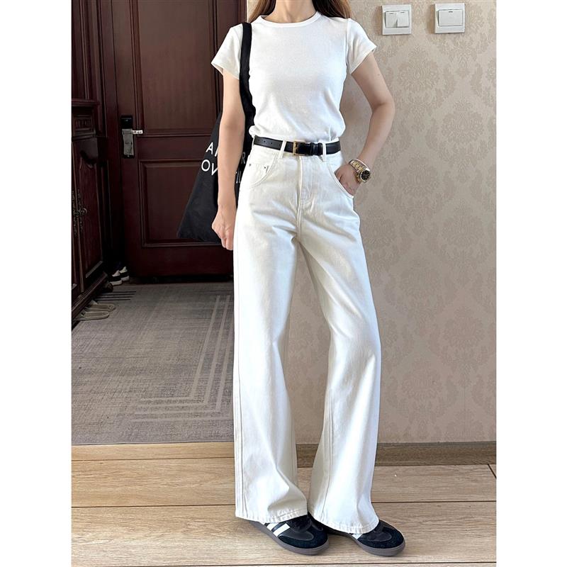 白色牛仔裤女春秋新款加绒高腰显瘦宽松韩版裤子直筒裤窄版加长裤