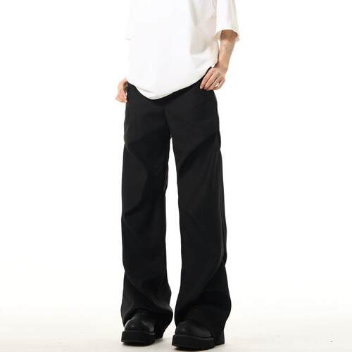 YEBOUN美式复古褶皱cleanfit阔腿西装裤男女微喇叭黑色直筒裤子