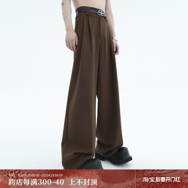 美式复古垂感裤子男 高级感男士双褶皱A型高腰西裤显瘦免烫西装裤