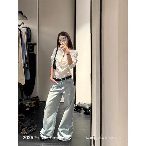 SUNONEONE 美式复古浅蓝色牛仔裤女春季新款做旧宽松直筒休闲裤子