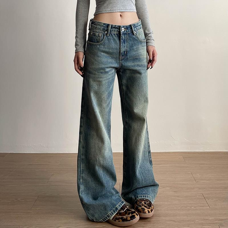 Apocket美式复古水洗做旧微喇叭牛仔裤女cleanfit高街百搭长裤子