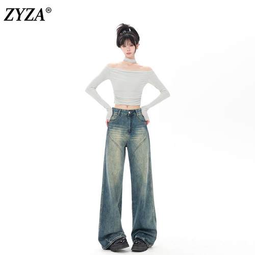 ZYZA美式做旧磨白阔腿加绒牛仔裤女秋冬2024新款设计感裤子拖地裤