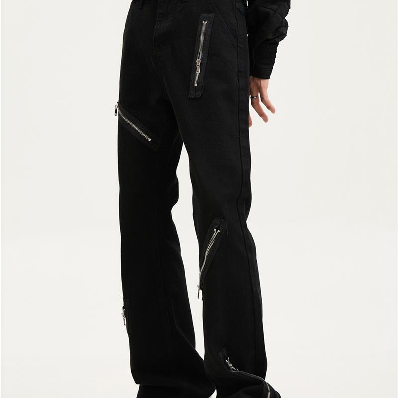 Voguo Relay 原创暗黑宽松微喇叭黑色牛仔裤多拉链设计感男女裤子