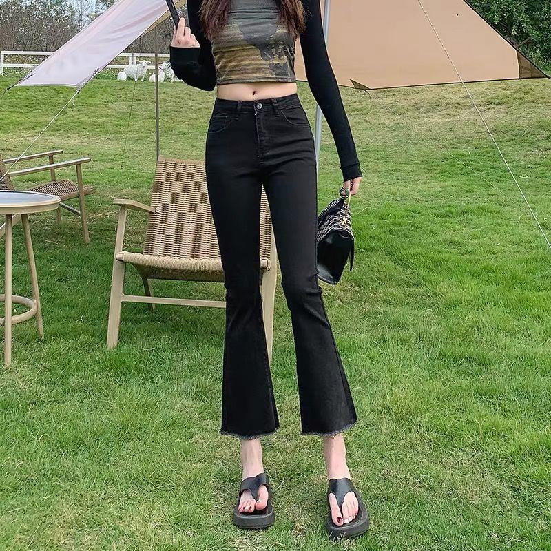 黑色微喇牛仔裤女2024春秋冬季加绒七分小个子高腰显瘦九分喇叭裤