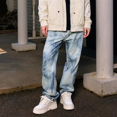 YORAINBOW 直筒宽松水洗扎染直筒拉链牛仔裤休闲潮流男款