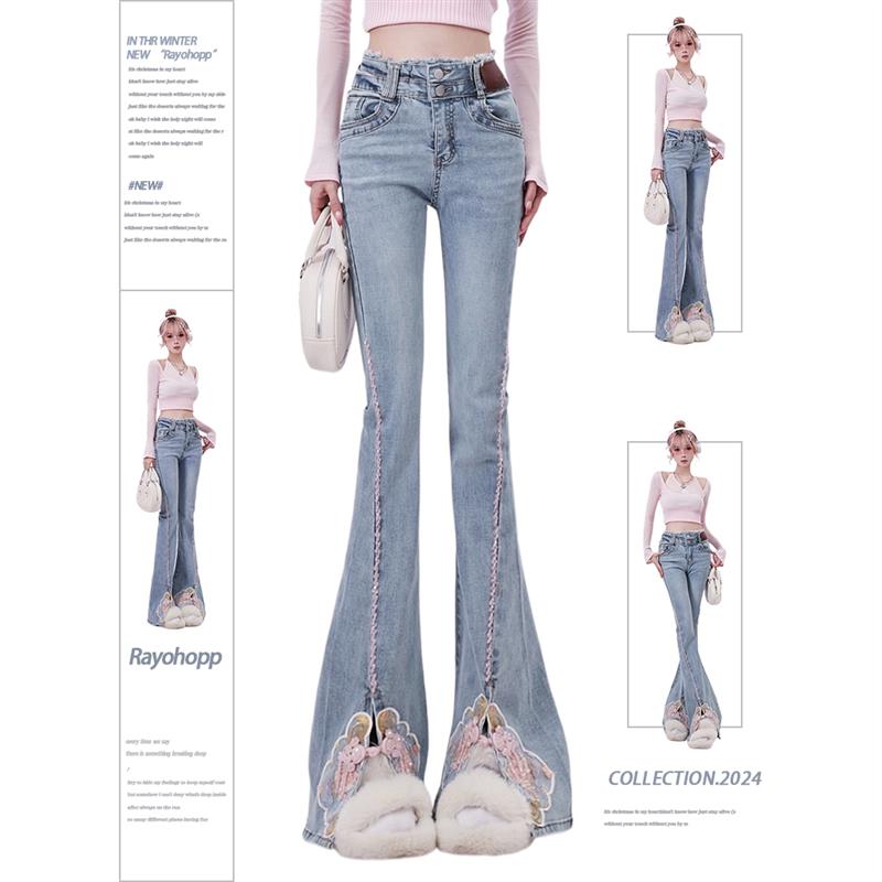 Rayohopp牛仔裤女春季复古新中式国风刺绣设计显瘦小个子微喇叭裤