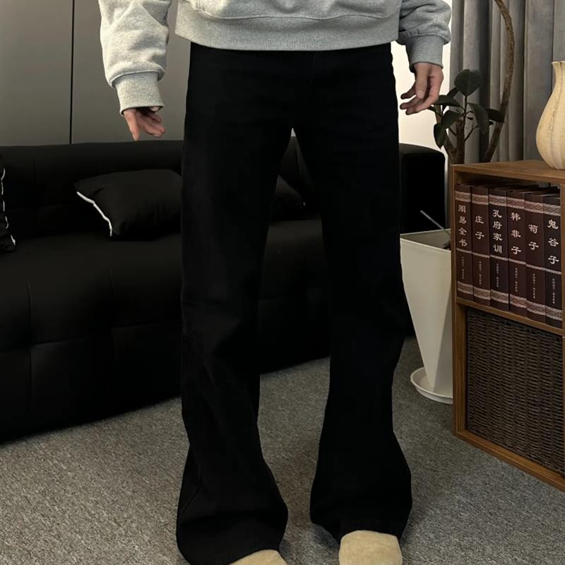 韩国 高街美式vibe显瘦cleanfit巴黎弯刀直筒微喇黑牛仔裤男潮