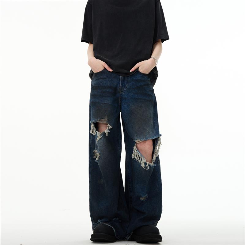 MADWITCH美式复古做旧破洞设计拖地牛仔裤小众高街宽松百搭阔腿裤