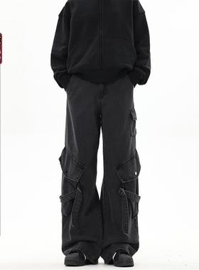 YOOTDS美式高街黑色工装牛仔裤男女薄款复古直筒宽松休闲vibe长裤