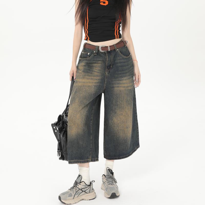 MJB 2025春季新款复古高街辣妹高腰显瘦阔腿七分裤时尚宽松牛仔裤