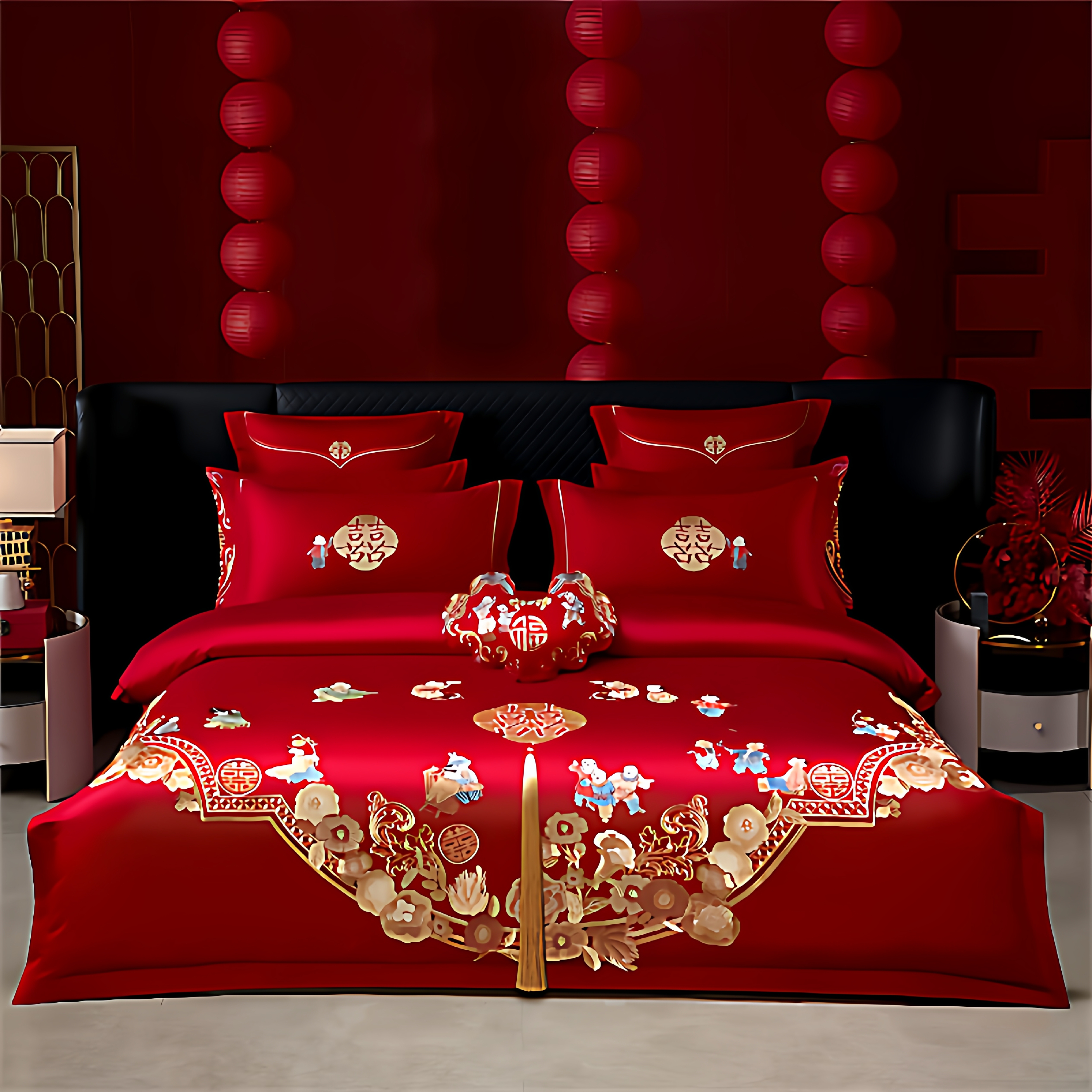 婚庆纯棉四件套全棉刺绣大红喜