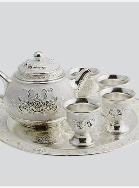 商务礼品合金属渡银器工艺品摆件6件套装茶具茶壶茶杯托盘