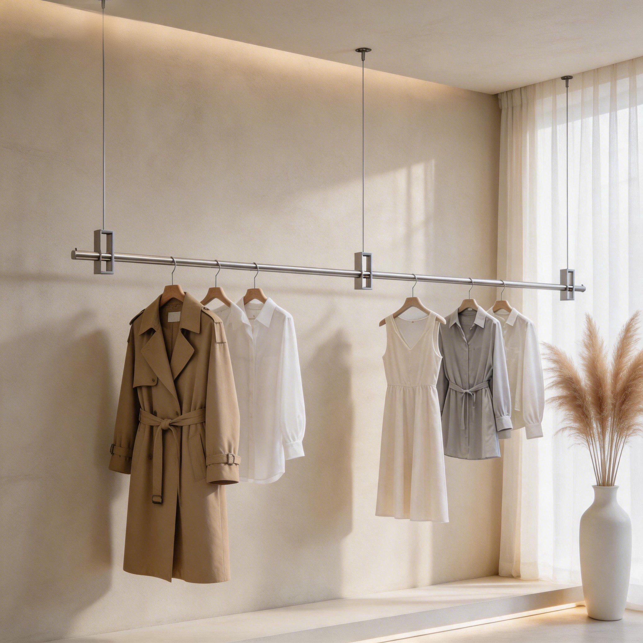 服装店展示架不锈钢吊架升降挂衣杆女装店银色橱窗钢丝调节展示架
