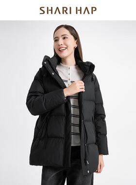 SHARI HAP莎瑞连帽黑色羽绒服中长款女秋冬新款保暖外套