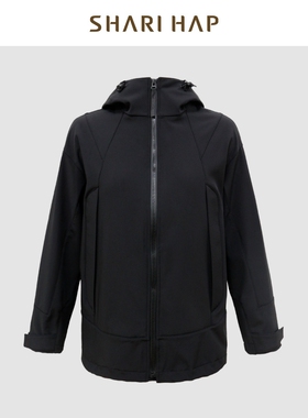 SHARI HAP连帽黑色薄绒风衣外套休闲春装新款外套
