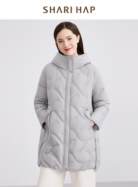 【90绒】SHARI HAP连帽羽绒服中长款女宽松大码冬装新款保暖外套