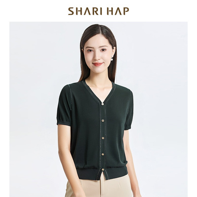 【专柜款】SHARI HAP莎瑞中年女士V领针织短袖衫洋气夏季新款上衣