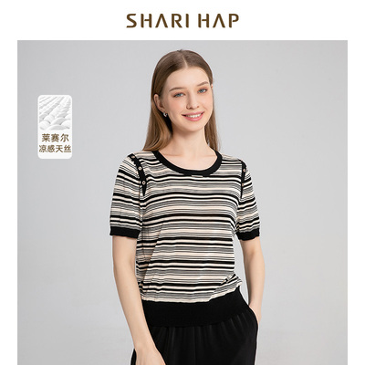 SHARI HAP中年妈妈时尚条纹短袖针织衫上衣夏季新款T恤衫宽松大码
