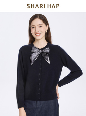 【绵羊毛】SHARI HAP飘带羊毛衫针织开衫女秋冬新款上衣专柜正品