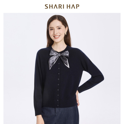 【绵羊毛】SHARI HAP飘带羊毛衫针织开衫女秋冬新款上衣专柜正品