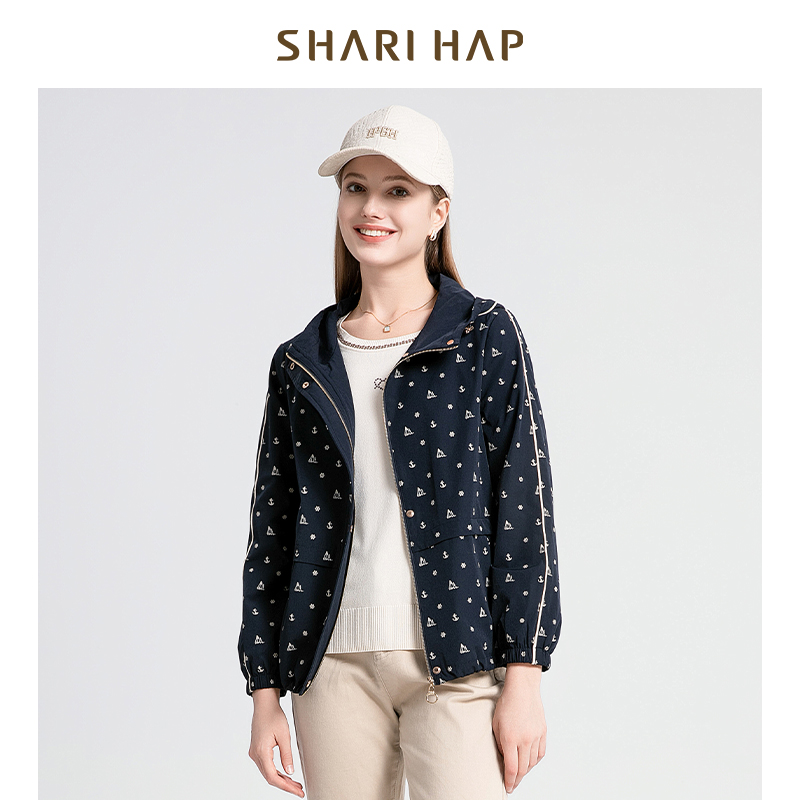 SHARI HAP莎瑞连帽印花风衣外套女短款春秋新款宽松休闲上衣