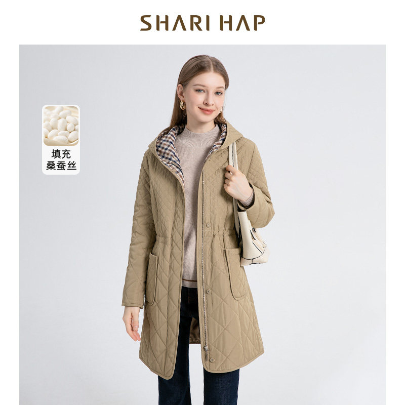 SHARI HAP莎瑞连帽蚕丝棉服中长款时尚百搭显瘦秋冬新款外套大码