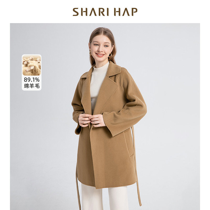 【山羊绒】SHARI HAP高端驼色双面羊毛大衣女中长款秋冬毛呢大衣